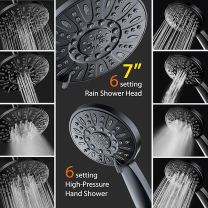 AquaDance 7" Premium High Pressure 3-way Rain & Handheld Shower Head Combo | Enjoy Dual 6-Setting Luxury Shower Heads Separately or Together for the Best of Both Worlds! Stainless Steel Hose - Black