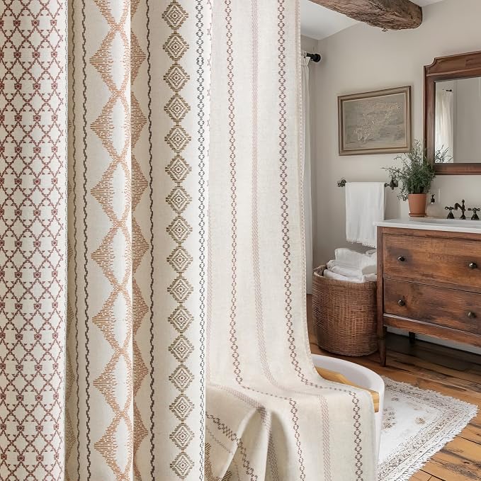 Boho Linen Shower Curtain for Bathroom with Striped Print,72" W x 78" L,Beige,Long Size