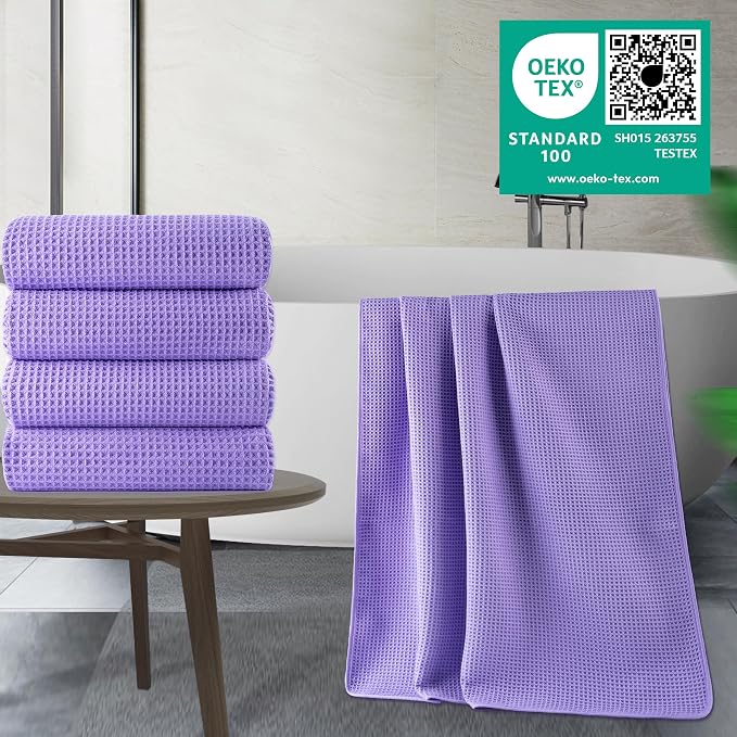 POLYTE 430 GSM Poly Blend Microfiber Quick Dry Waffle Bath Towel, 30x60 in | 4 Pack, Oversize, Lint Free, Body Towel