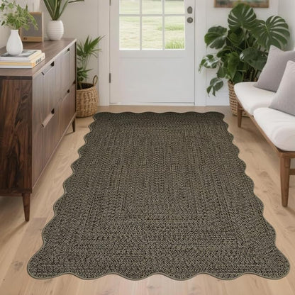 Imitation Braided Collection-Print 4x6 Washable Entryway Rug Scalloped Bedroom Rugs with Non Slip Rubber Backing, Farmhouse Soft Low Pile Rustic Accent Rug for Entrance Living Room Home Decor