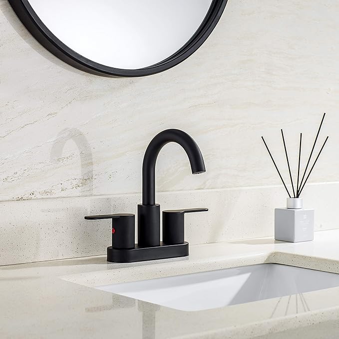 Matte Black Two Handle Centerset Bathroom Sink Faucet with Pop up Drain, High Arc Modern 4 Inch Bathroom Vanity Lavatory Faucet 3 Holes with Brass 360° Swivel Spout, TAF067E-MB