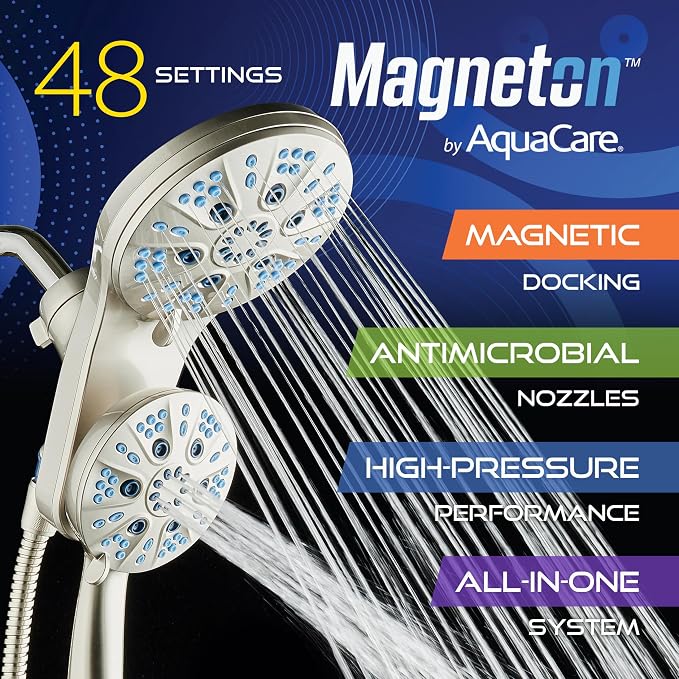 AquaCare Magneton 48-Mode High Pressure Rain & Handheld Shower Head Combo | Space-age Magnetic Guidance Docking, Dual 6-mode Heads with Hygienic Jets, Extra-long 6 ft. Stainless Steel Hose / Nickel