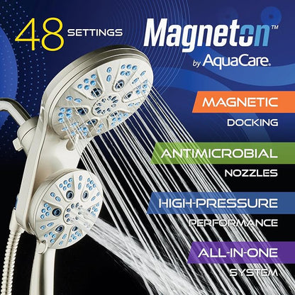 AquaCare Magneton 48-Mode High Pressure Rain & Handheld Shower Head Combo | Space-age Magnetic Guidance Docking, Dual 6-mode Heads with Hygienic Jets, Extra-long 6 ft. Stainless Steel Hose / Nickel