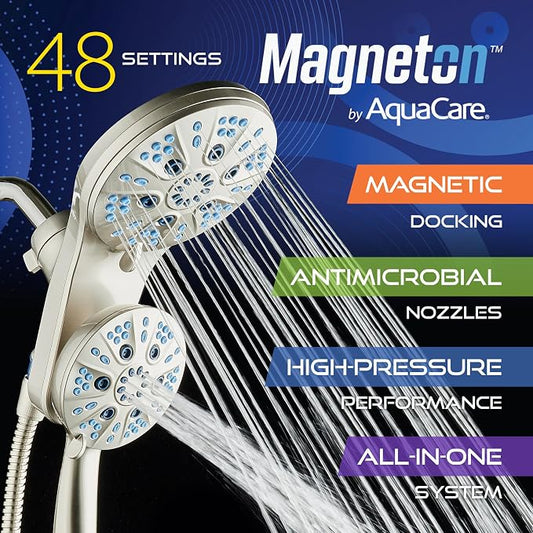 AquaCare Magneton 48-Mode High Pressure Rain & Handheld Shower Head Combo | Space-age Magnetic Guidance Docking, Dual 6-mode Heads with Hygienic Jets, Extra-long 6 ft. Stainless Steel Hose / Nickel
