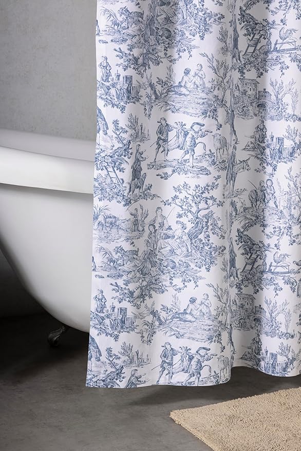 Maison d' Hermine Shower Curtain 100% Cotton One Panel 70"x72" Washable Fabric Shower Curtains for Bathroom, Easy Hanging with 12 Button Holes - Home Hotel Spa Easter Gifts (The Miller - Blue)