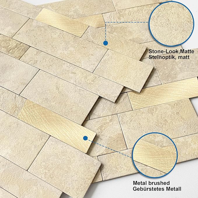 Stone Peel Stick Backsplash Tiles Kitchen Wall Beige Gold 5pcs