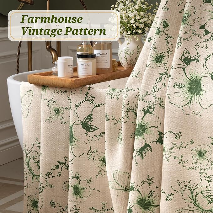 Vintage Green Floral Shower Curtain with 12 Clear Rings - 72" W x 84" L | Farmhouse Fabric Faux Linen Shower Curtain Set, French Country Cottagecore Style Shower Curtain for Bathroom