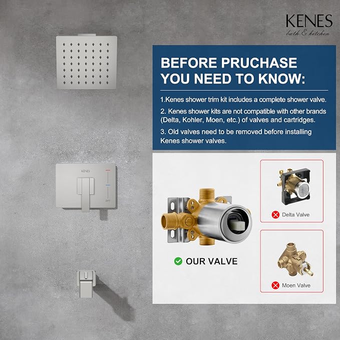 KENES Shower Set with Tub Faucet, Brushed Nickel Tub and Shower Trim Kit | Shower Faucet with 6-Inch Rain Shower Head, Square Shower System, Valve Included, Lead-Free cUPC & NSF Certified, Stainless