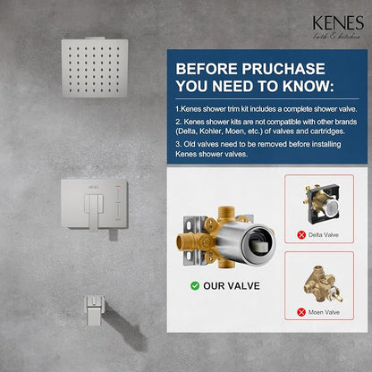 KENES Shower Set with Tub Faucet, Brushed Nickel Tub and Shower Trim Kit | Shower Faucet with 6-Inch Rain Shower Head, Square Shower System, Valve Included, Lead-Free cUPC & NSF Certified, Stainless
