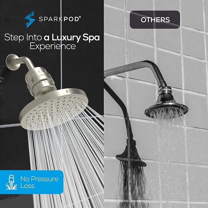 SparkPod Filtered Shower Head, 23-Stage, 8" Round, Brushed Nickel | Showerhead for Hard Water, High Pressure, Reduces Chlorine, Heavy Metals, For Dry Skin & Hair, Removable Capsule Filter