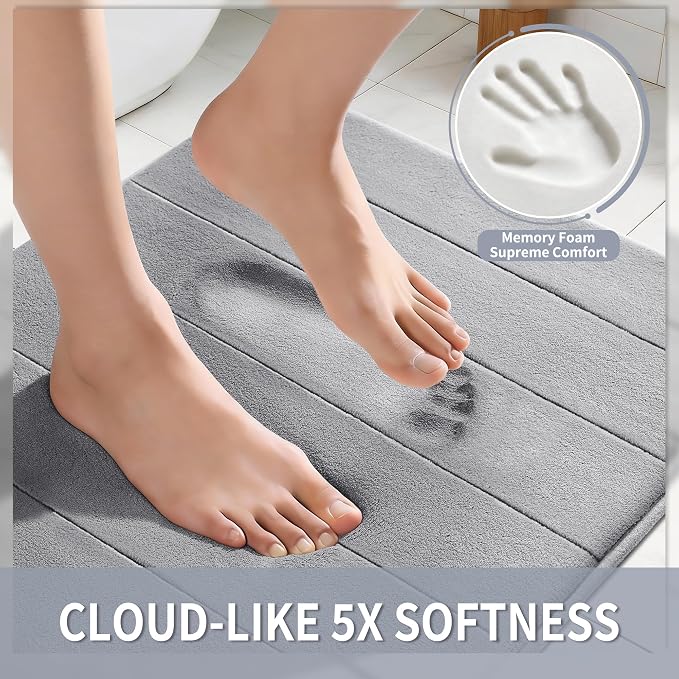 Yimobra Memory Foam Bath Mat 31.5x20, 5X Softer and Absorbent Bathroom Rug | Quick Dry Bath Rug, Non Slip Backing And Machine Washable Floor Carpet for Tub Shower, Home Decor Accessories, Grey