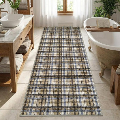 Washable Rugs 2x10 Runner Rug Modern Bordered Bathroom Rugs Non Slip Kitchen Runner Low Pile Entryway Rug Soft Runners Stain Resistant Carpet for Laundry Hallway Bedside 2'x10' Blue&Camel