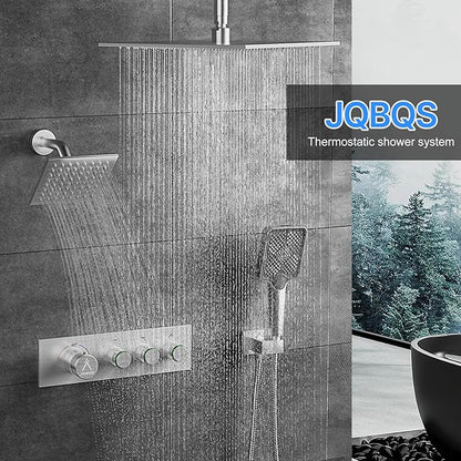 Shower System Brass Thermostatic Shower Faucet Set With Valve and Diverter Shower Mixer With Rain Head and Handheld High Pressure Square Rainfall