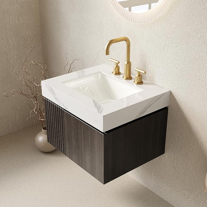 KEIKI 24 Inch Floating Bathroom Vanity with Sink, Espresso & White | Modern Wall Mounted Storage Cabinet with 2 Doors, Pre-assembled Wood Panels, Sintered Stone Top & Ceramic Basin Combo Set