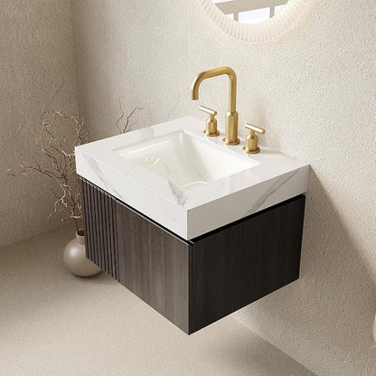 KEIKI 24 Inch Floating Bathroom Vanity with Sink, Espresso & White | Modern Wall Mounted Storage Cabinet with 2 Doors, Pre-assembled Wood Panels, Sintered Stone Top & Ceramic Basin Combo Set