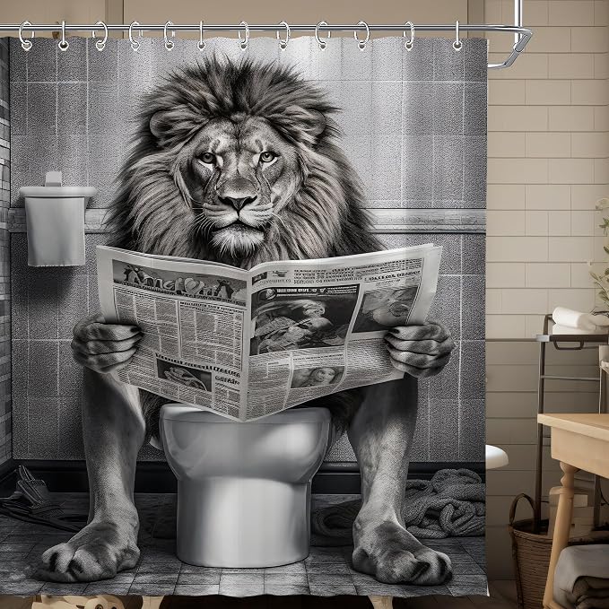 Farmhouse Funny Lion Mens Shower Curtain for Bathroom 72W*72H Inch Black and White Humor Animal Reading on Toilet Bathtub Decor Western Country Animal Waterproof Polyester Fabric Set with 12 Hooks