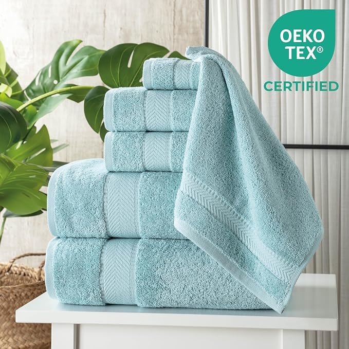 100% Turkish Cotton 6 Pcs Luxury Bath Towel Set, Soft & Absorbent Towels for Bathroom (2 Bath Towels, 2 Hand Towel, 2 Washcloths) - Aqua
