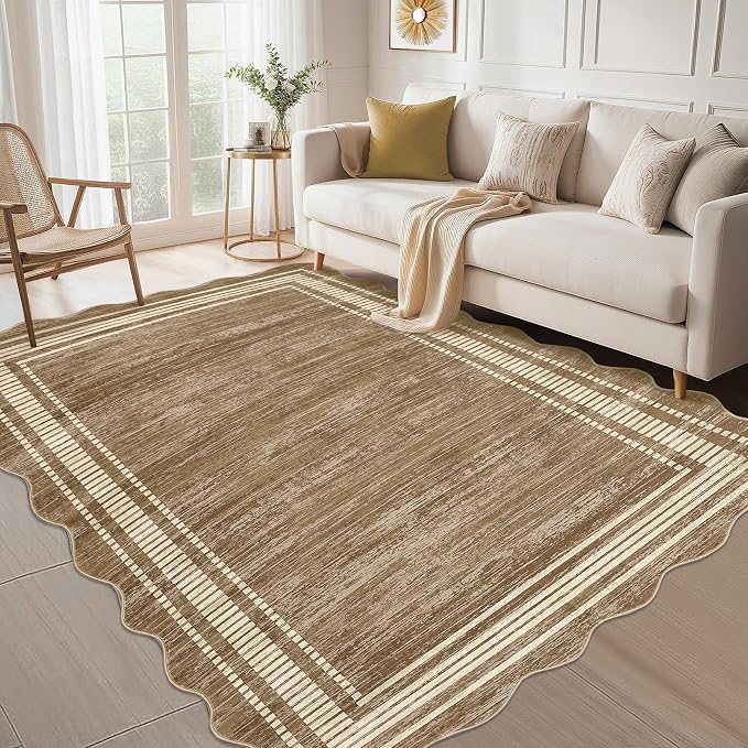 GarveeHome Scalloped 5x7 Rugs Washable Area Rugs for Living Room, Modern Bordered Solid Rug for Bedroom, Abstract Scalloped Non-Slip Stain Resistant Carpet for Dining Room Home Office Dorm, Brown