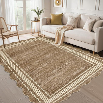 GarveeHome Washable Scalloped Rug 10x13 Area Rugs, Modern Neutral Living Room Rugs, Large Washable Solid Farmhouse Carpet Abstract Bordered Carpet for Bedroom Apartment Table Dorm Nursery, Brown