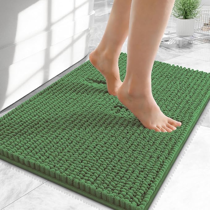 OLANLY Thick Chenille Small Bathroom Rugs Mats 24x16, Olive Green | Soft Absorbent Bath Rugs, Rubber Backing, Machine Wash Dry, Bath Mats for Bathroom, Tub and Shower, Home Decor Accessories