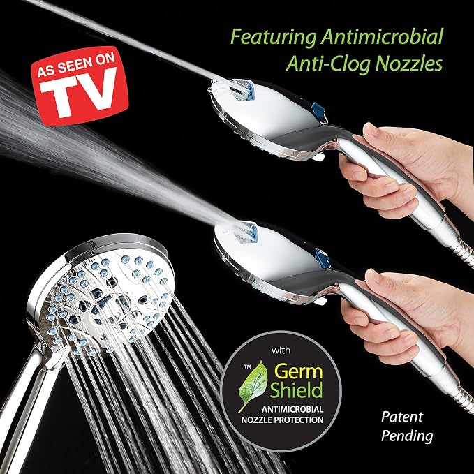 AquaCare 50-mode High Pressure 7 inch Shower Head Combo w/Dual Power Wash | Hygienic Jets, 2-mode Handheld Power Wash for Tub, Tile & Pets, Long 6 ft. Stainless Steel Hose, Extra Wall Bracket / Chrome