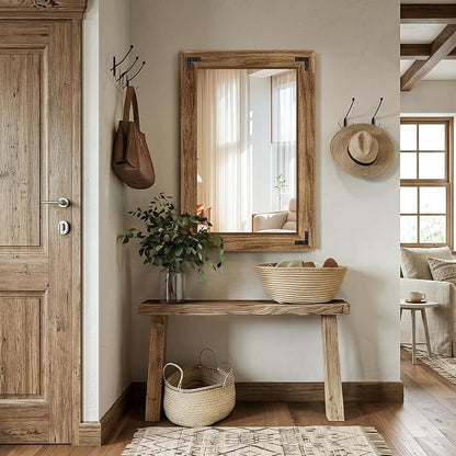 Bathroom Mirror for Wall, 24" x 36" Wooden Vanity Mirror | Solid Wood Frame, Rustic Farmhouse Style, Shatterproof Glass, for Bedroom, Living Room, Entryway Decor, Vertical/Horizontal
