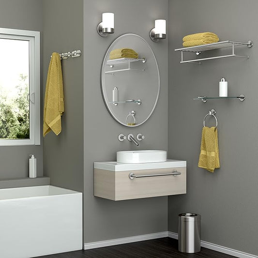 Gatco 4646 Glam Glass Shelf, 20 Inch, Satin Nickel / Wall Mounted 20.13" X 5.50" Tempered Curved Glass Shelf