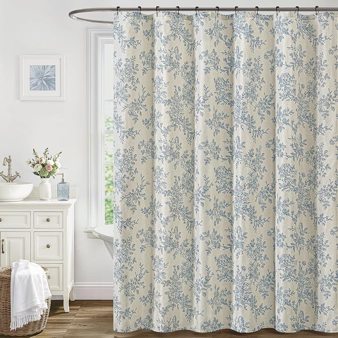Extra Long Linen Blue Floral Shower Curtain W72*L96 Inches | Linen Textured Fabric, 12 Rustproof Metal Hooks, Wrinkle Resistant Cloth, Machine Washable, Bathroom Decor for Cottage Core