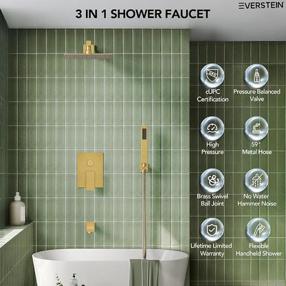 Shower Tub Faucet Set, 10" Bathroom Rainfall Shower Head Fixtures Combo with Handheld Spray and Tub Spout, Brushed Gold (Valve Included)