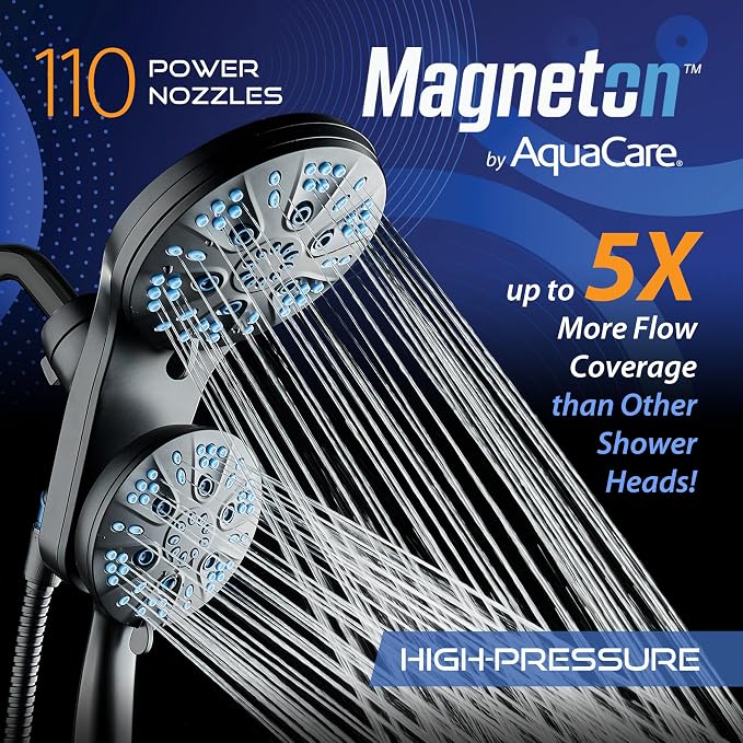 AquaCare Magneton 48-Mode High Pressure Rain & Handheld Shower Head Combo | Space-age Magnetic Guidance Docking, Dual 6-mode Heads with Hygienic Jets, Extra-long 6 ft. Stainless Steel Hose / Black