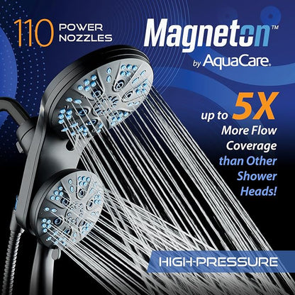 AquaCare Magneton 48-Mode High Pressure Rain & Handheld Shower Head Combo | Space-age Magnetic Guidance Docking, Dual 6-mode Heads with Hygienic Jets, Extra-long 6 ft. Stainless Steel Hose / Black