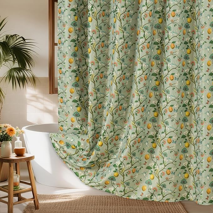 Green Floral Bird Shower Curtain 72x72, Hummingbird and Lemon Botanical Fabric Bath Curtains, Lightweight Quick-Dry Bathroom Decor Set with Hooks, Light Green