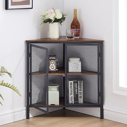 VECELO Corner Cabinet with Two Doors and Shelves, Free-Standing Storage Organizer for Small Space in Living Room/Bedroom/Kitchen, Brown and Black