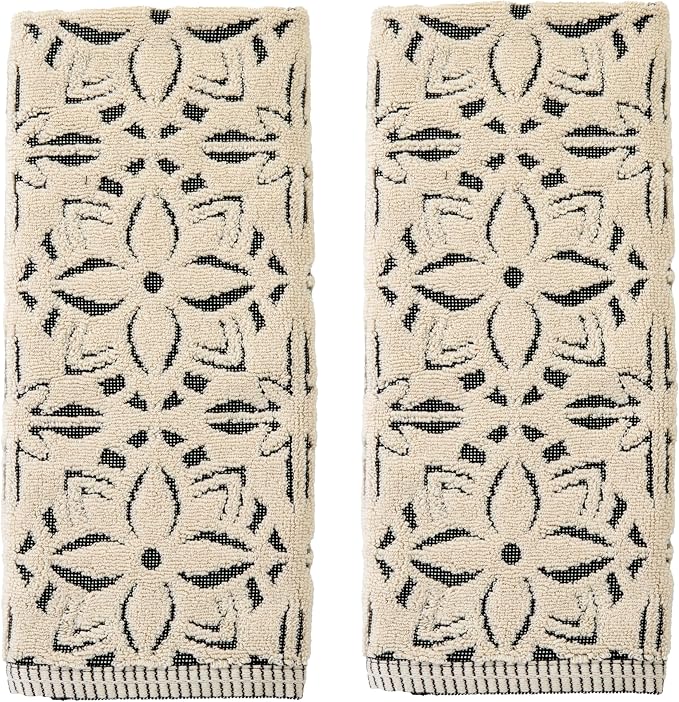 SKL Home Lisbon Hand Towel Set-2pc, Premium 100% Cotton, Black | 600 GSM weight. Spa-level quality. Soft & absorbent, reversible jacquard. For the bathroom, kitchen, bar or any sink space.