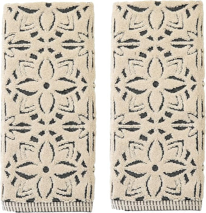 SKL Home Lisbon Hand Towel Set-2pc, Premium 100% Cotton, Black | 600 GSM weight. Spa-level quality. Soft & absorbent, reversible jacquard. For the bathroom, kitchen, bar or any sink space.