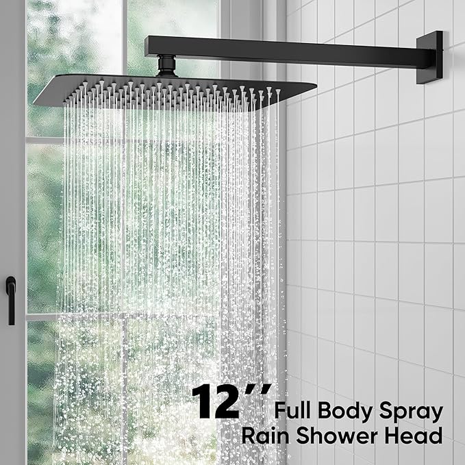 ESNBIA Black Shower Faucet Set, 12 Inches Rainfall Shower System with Rain Shower Head and Handle Set, All Metal Shower Fixtures with Pressure Balance Shower Valve, Matte Black