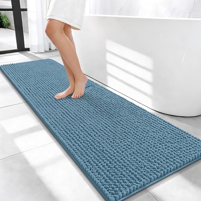 OLANLY Thick Chenille Bathroom Runner Rugs Mats 59x20, Airy Blue | Soft Absorbent Bath Rugs, Rubber Backing, Machine Wash Dry, Bath Mats for Bathroom, Tub and Shower, Home Decor Accessories
