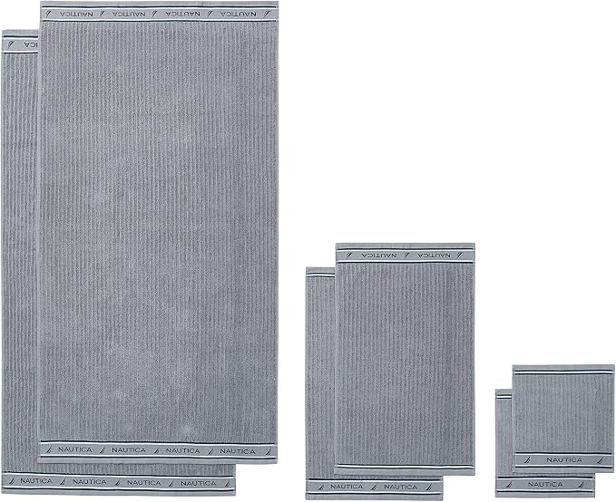 Nautica – Bathroom Towels, Washcloth, Bath & Hand Towel Set, Highly Absorbent Ribbed Terry Cotton, Set of 6, College Dorm Room Essentials (Signature Grey)