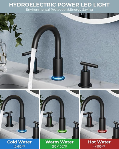 FORIOUS LED Bathroom Faucet Black 3 Hole with Temperature Changing 3 Color Lights, 8" Widespread Matte Black LED Bathroom Sink Faucet 3 Hole with Pop Up Drain, Supply Lines, 360° Swivel Spout