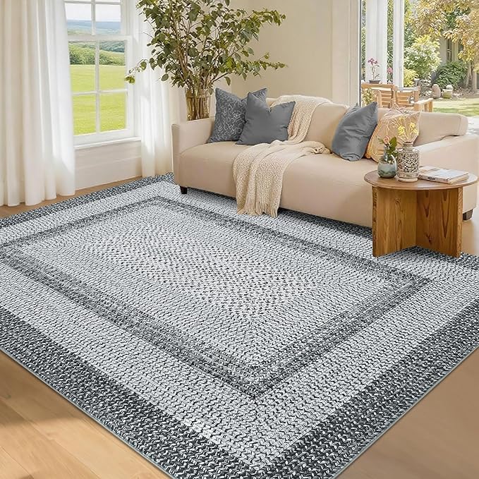 Washable Area Rugs 5x7 Rug for Living Room Non Slip Modern Rug Soft Area Rug for Bedroom Farmhouse Braided Print Throw Rugs Contemporary Stain Resistant Carpet for Dining Room 5'x7' Grey