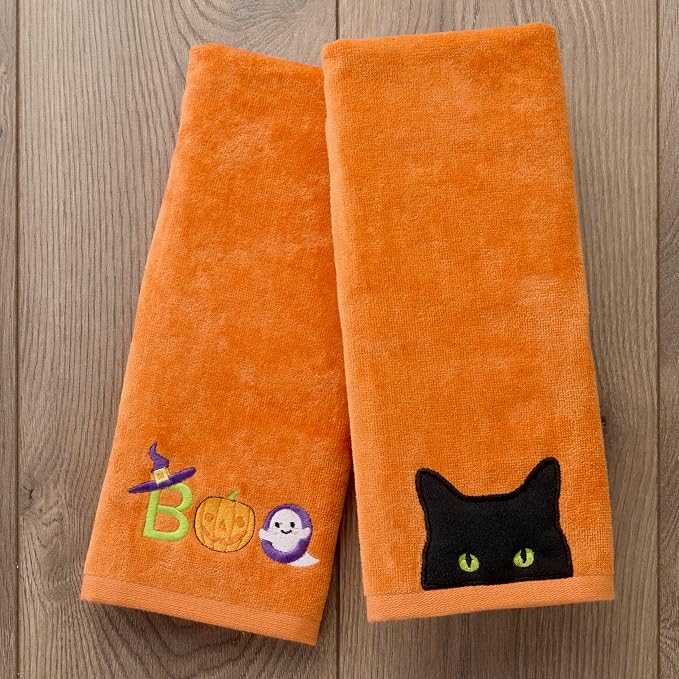 SKL Home Halloween Boo Hand Towel Set-2pc, 100% Cotton, Embroidered, Orange | Soft, decorative velour. Great for the bathroom, kitchen or bar & gifting.