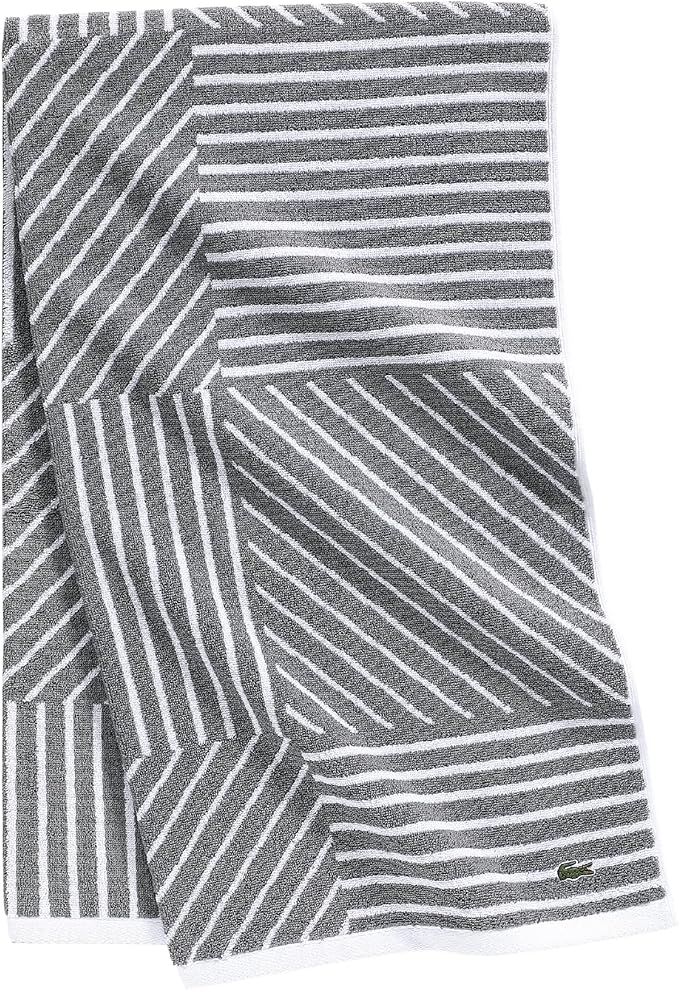 Lacoste Guethary Striped Towel – 100% Cotton, Reversible Modern Geometric Design, Soft & Absorbent, Durable & Lightweight, Machine Washable – Meteorite, 30"x54" Bath Towel