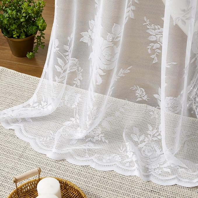 White Lace Shower Curtain 36 Inch with Attached Valance Victorian Floral Shower Curtain Vintage French Country Scalloped Edge for Bathroom Decor Spa Hotel Bath Short Rental Loft, 1 Panel, 36x72