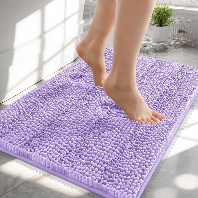OLANLY Thick Small Bathroom Rugs 24x16, Soft Chenille Bath Rugs, Lavender | Rubber Backing, Machine Wash, Extra Absorbent Striped Bath Mats for Bathroom Floor, Tub and Shower, Home Decor Accessories