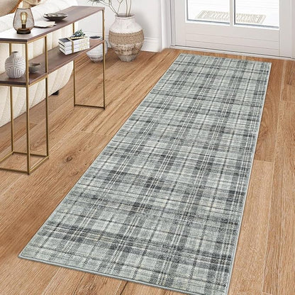 Washable Rugs Runner Rug 2x6 Modern Plaid Area Rug Soft Carpet 2'x6' Greenish Grey