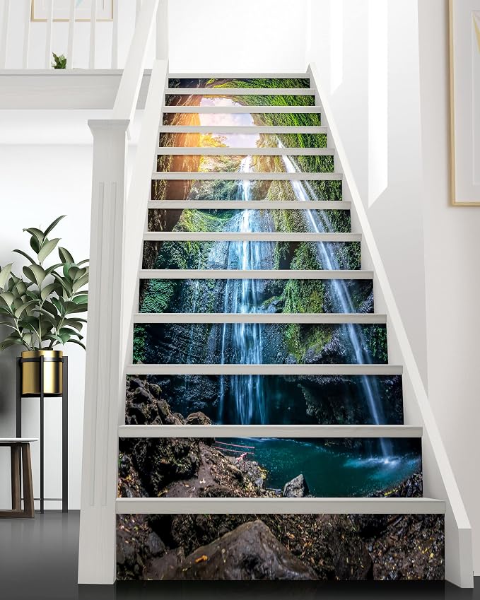 FLFK Waterfall Stair Stickers - Set of 15, Peel and Stick Stair Riser Decals, 39.3"x7.08"