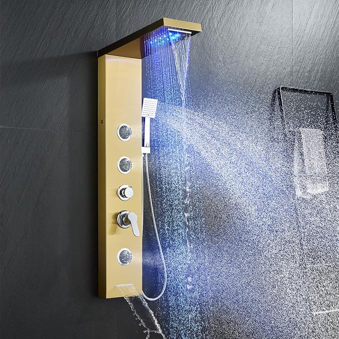 5-in-1 Shower Panel Tower System with LED Lights, 2-in-1 Body Massage, Rainfall, Waterfall,Handheld and Tub Spout, Stainless Steel Shower Column - Gold