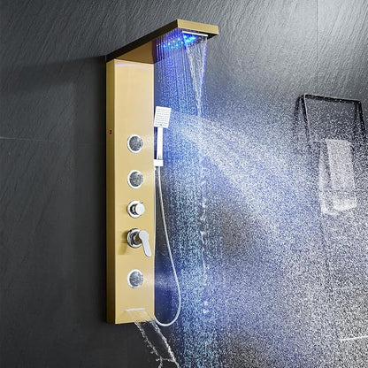 5-in-1 Shower Panel Tower System with LED Lights, 2-in-1 Body Massage, Rainfall, Waterfall,Handheld and Tub Spout, Stainless Steel Shower Column - Gold