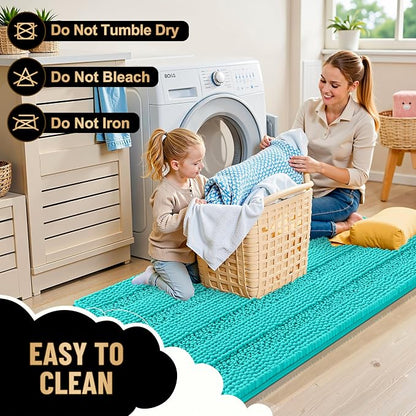 OLANLY Thick Bathroom Runner Rugs 59x20, Soft Chenille Long Bath Rugs, Teal | Absorbent Striped, Rubber Backing, Machine Wash, Bath Mats for Bathroom Floor, Tub and Shower, Home Decor Accessories