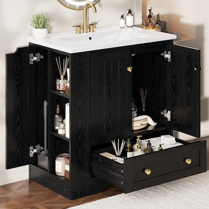 IRONCK Bathroom Vanity with Ceramic Sink, 30" Bathroom Cabinet, Black | Features a Ceramic Sink, 3 Doors, 1 Drawer and Flexible Side Storage for Organized Bathroom Storage